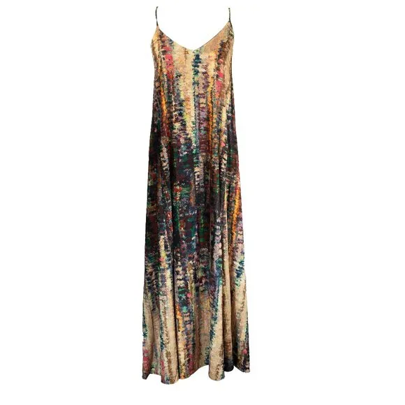 Nicole Miller | Dresses | Nicole Miller Watercolor Maxi Dress Satin  Metallic Neutral Colorful Trapeze Maxi | Poshmark